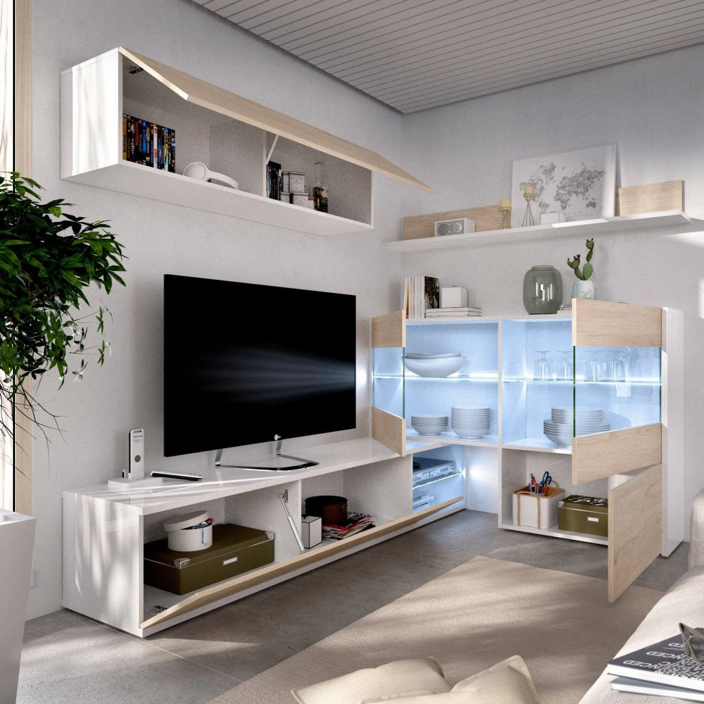Parete attrezzata Agio, Set da soggiorno modulare ad angolo, Mobile salotto multiposizione con luce LED, 260x41h180 cm, Rovere e Bianco
