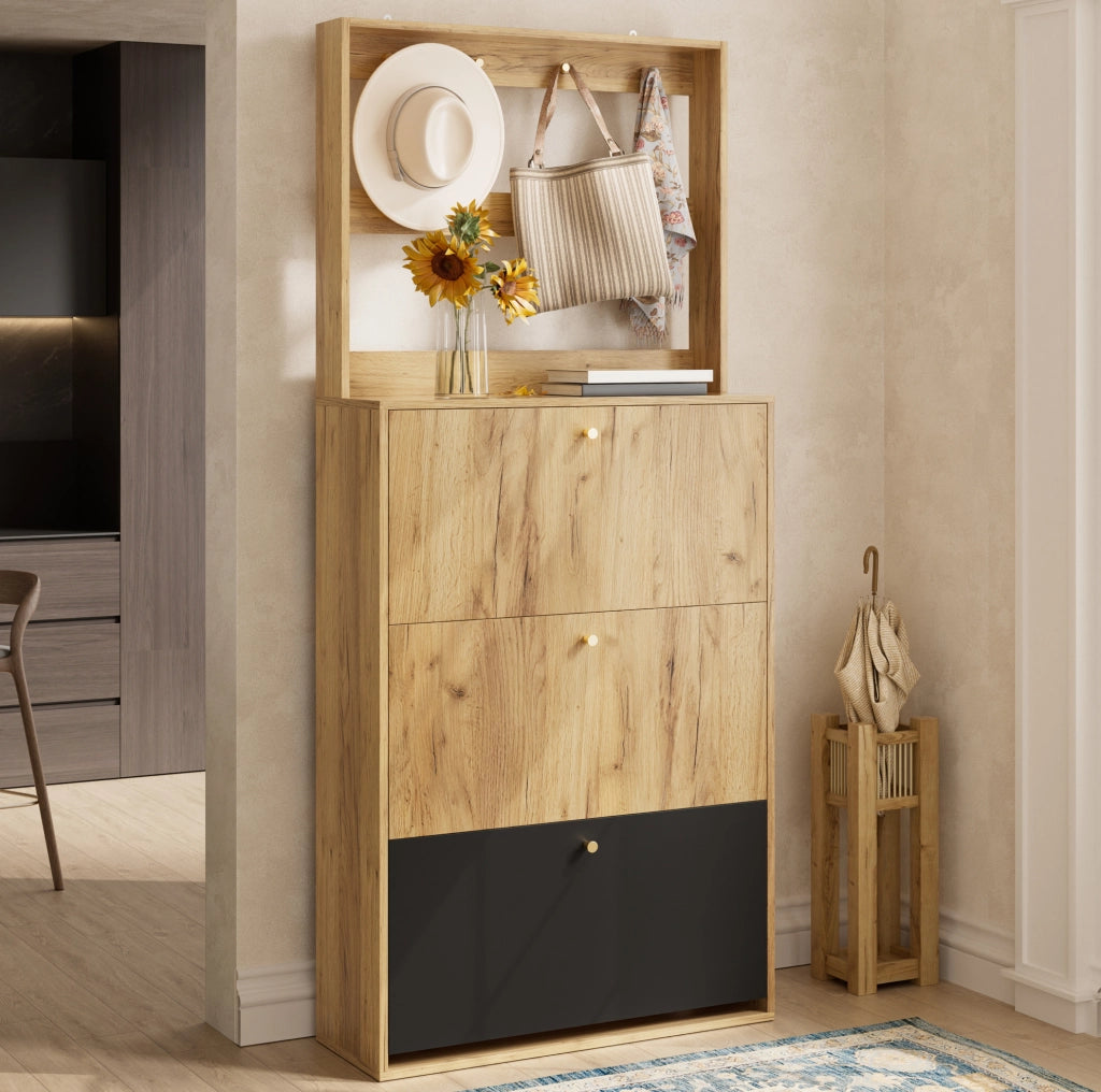 Mobile portascarpe moderno con ganci, 3 vani ribaltabili, effetto legno naturale e nero, 75 x 24 x 180 cm
