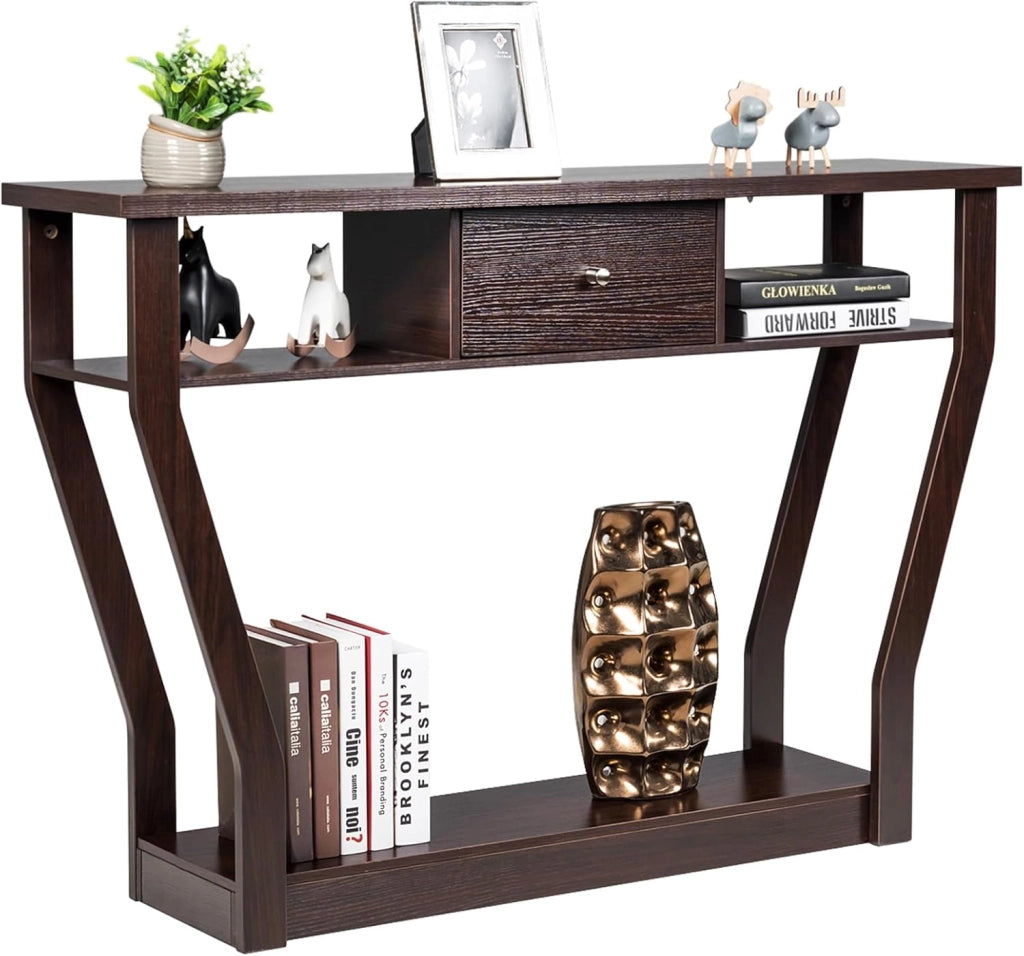 Tavolo Consolle in Legno, Consolle con Cassetto e Ripiani, Tavolo d'Ingresso Multiuso per Salotto, Corridoio e Entrata 120 x 30 x 81 cm (Marrone)