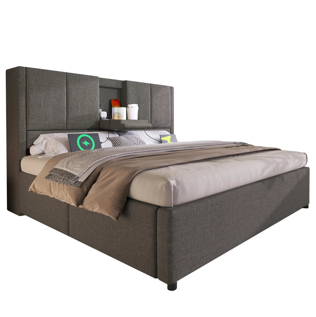 Letto imbottito 140x200 cm con portabevande nascosto e stazione di ricarica, letto idraulico con contenitore sotto, rete inclusa, lino grigio (senza materasso)