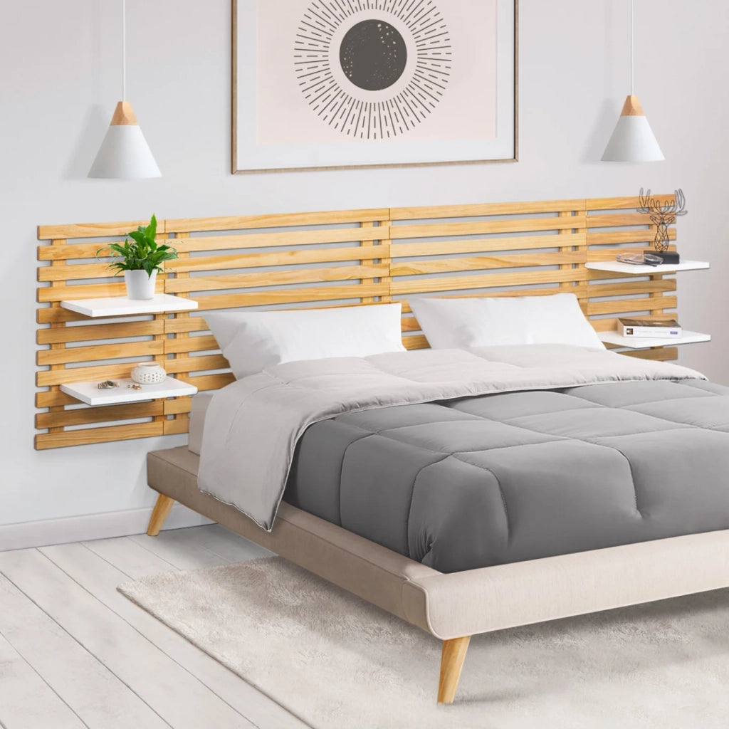IDMarket - Testiera sospesa a doghe AVA da 240 cm in legno con ripiani bianchi