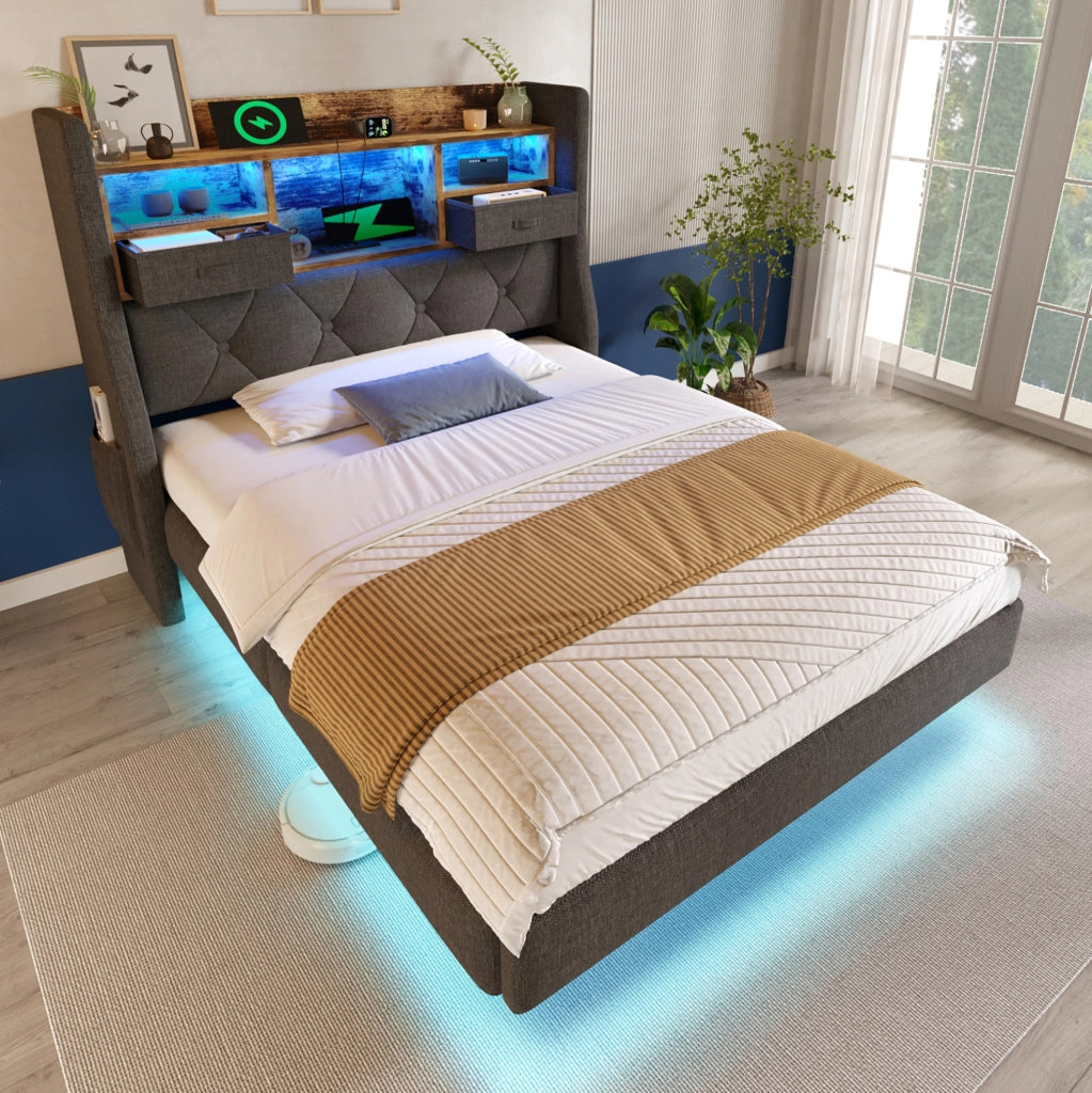 Letto imbottito 90x200 cm con LED; USB e USB C; testiera contenitore; lino grigio