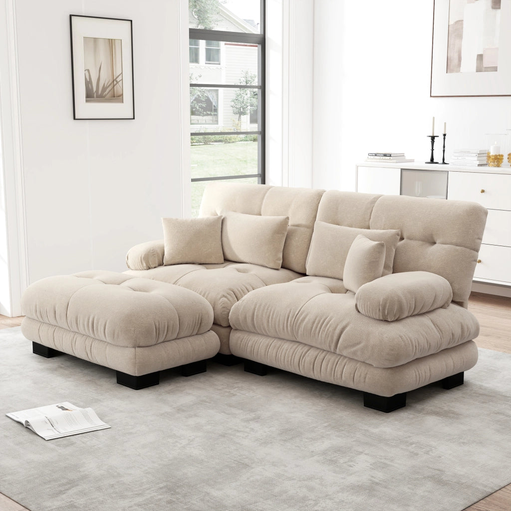 Divano Angolare con Ottoman ¨C MINIMAL ¨C Chenille, Braccioli Larghi, Tortora Chiaro