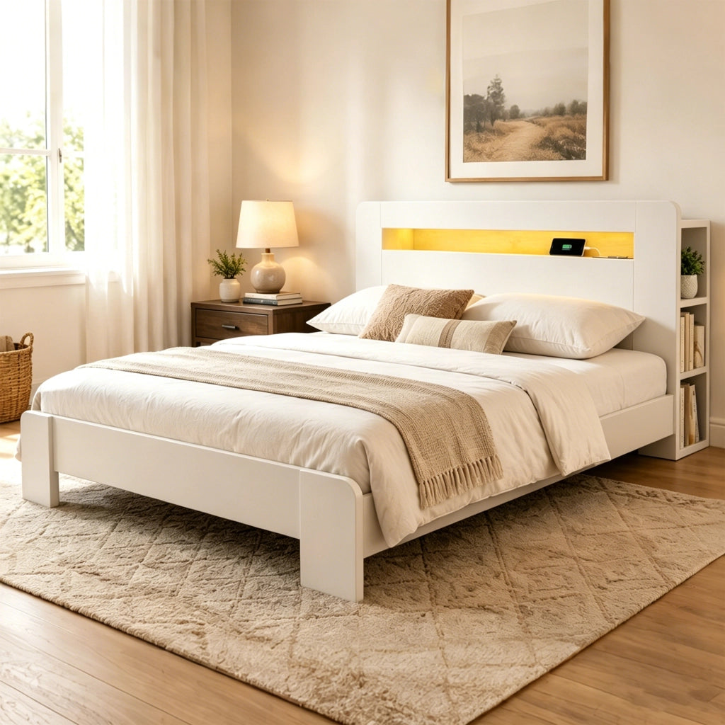 Letto matrimoniale bianco 140x200 cm con testiera contenitore; LED e prese integrate