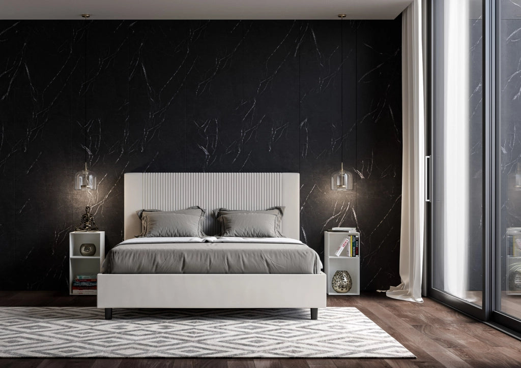 BS COM Letto matrimoniale francese con rete imbottito 140x210 similpelle bianco