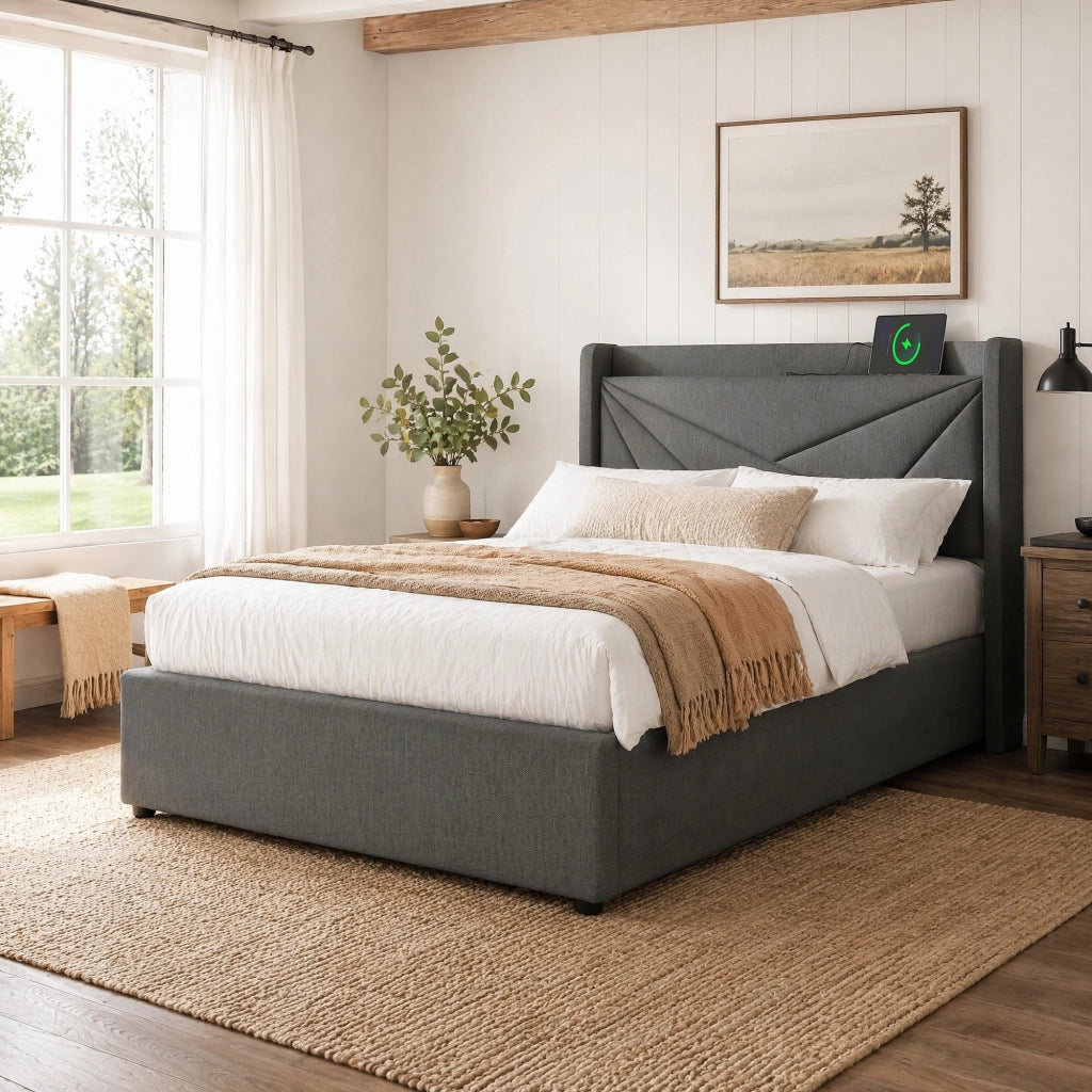 Letto singolo imbottito con contenitore 90x200 cm, USB e Type-C, grigio