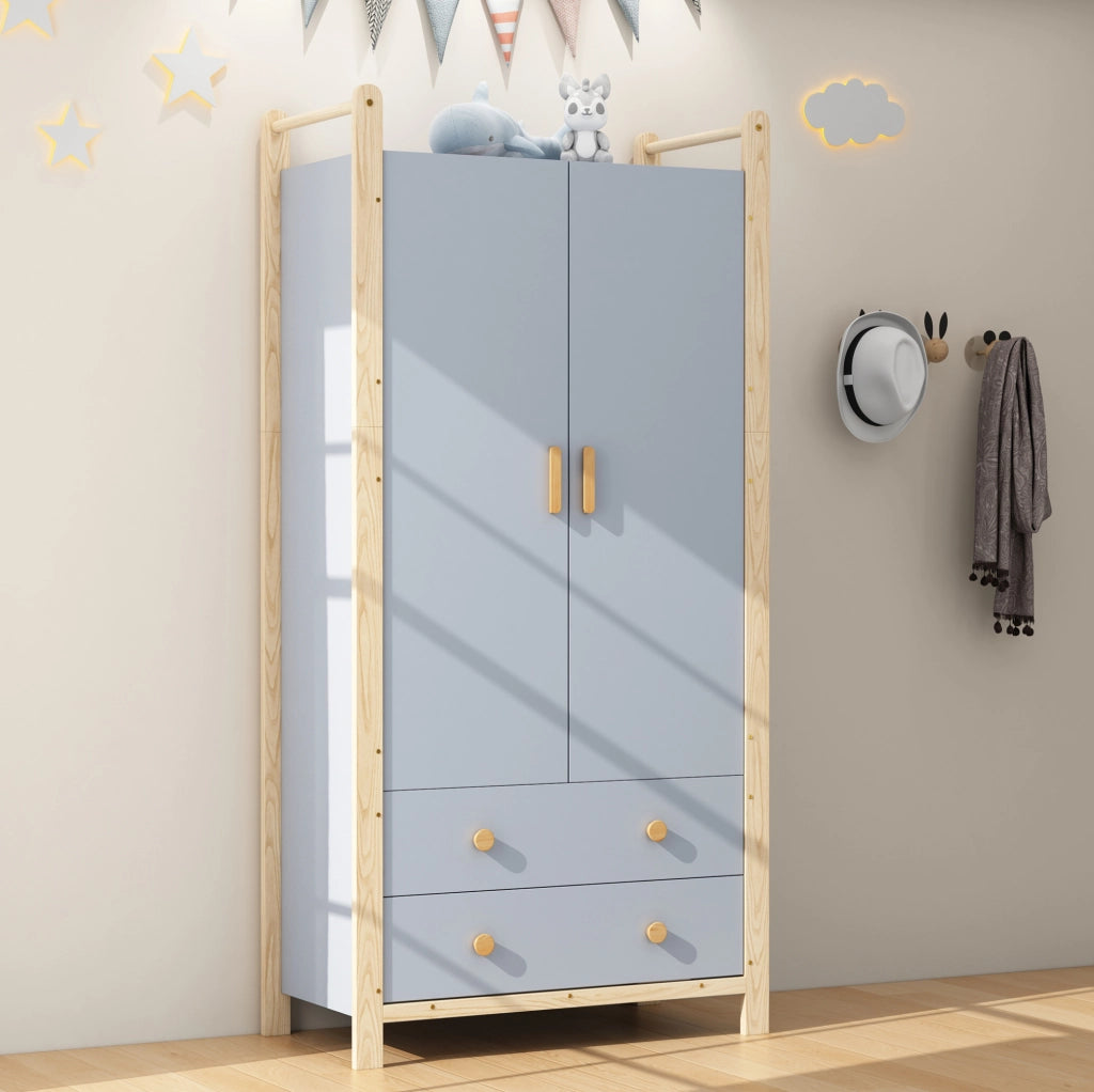 Armadio a 2 ante con asta appendiabiti e 2 cassetti in legno e MDF blu; colore naturale