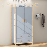 Armadio a 2 ante con asta appendiabiti e 2 cassetti in legno e MDF blu; colore naturale