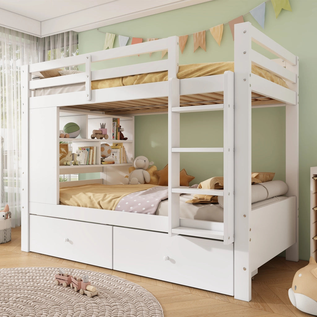 Letto a castello 90x200 cm bianco in legno con 2 cassetti; ripiano e scala