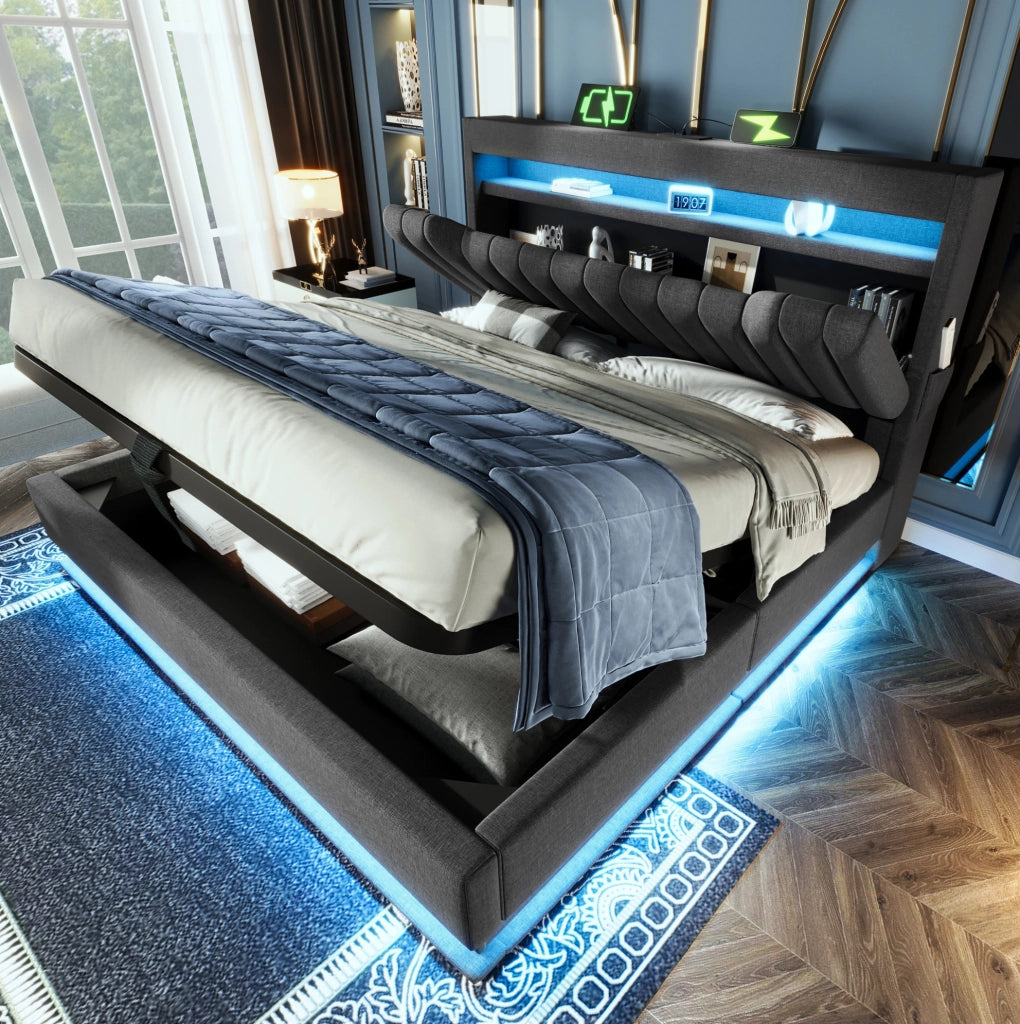 Letto matrimoniale imbottito 180x200 cm con contenitore; LED e USB C; lino grigio