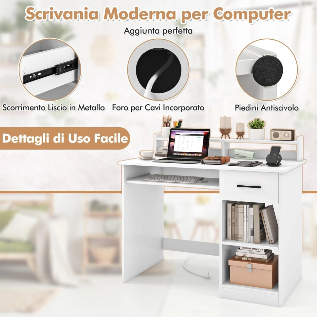 Scrivania per Computer con 2 Prese di Corrente e Prese USB, Scrivania Ufficio con Cassetto e Ripiano Estraibile per Tastiera, Scrivania Gaming con Ripiano Regolabile, 105 x 55 x 89 cm, Bianco