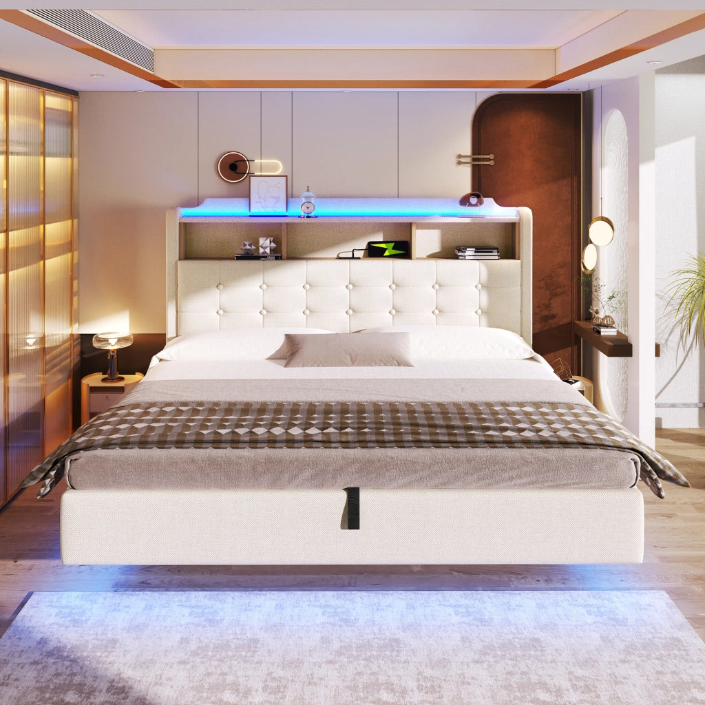 Letto contenitore matrimoniale con LED; USB; type-C e vani 180 × 200 cm; senza materasso; beige