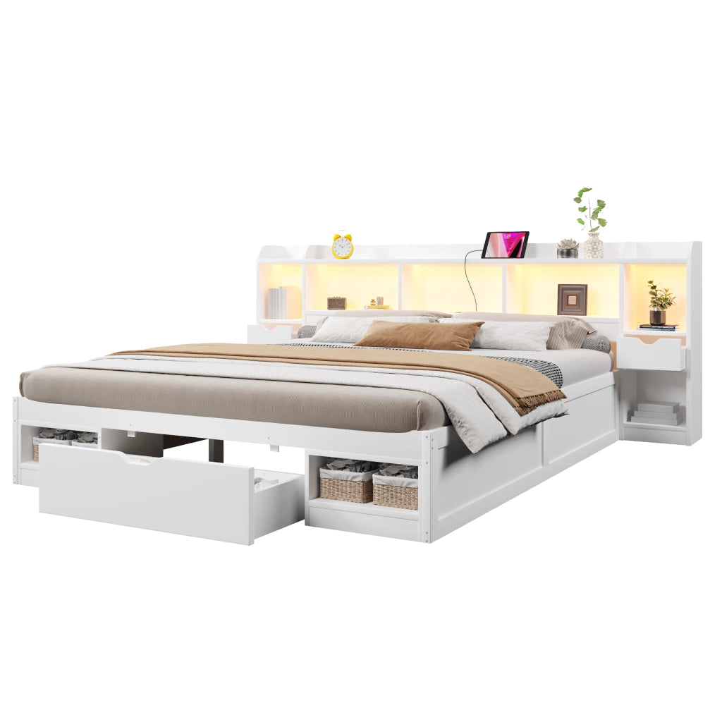 Letto contenitore 180x200 cm bianco con testiera a libreria, LED e porta USB