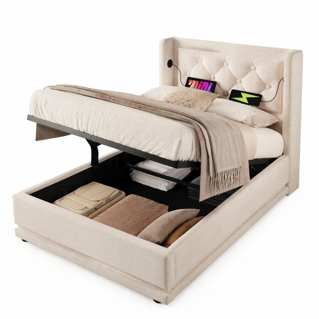 Letto contenitore 90 × 200 cm beige in cotone con LED; USB e Type-C