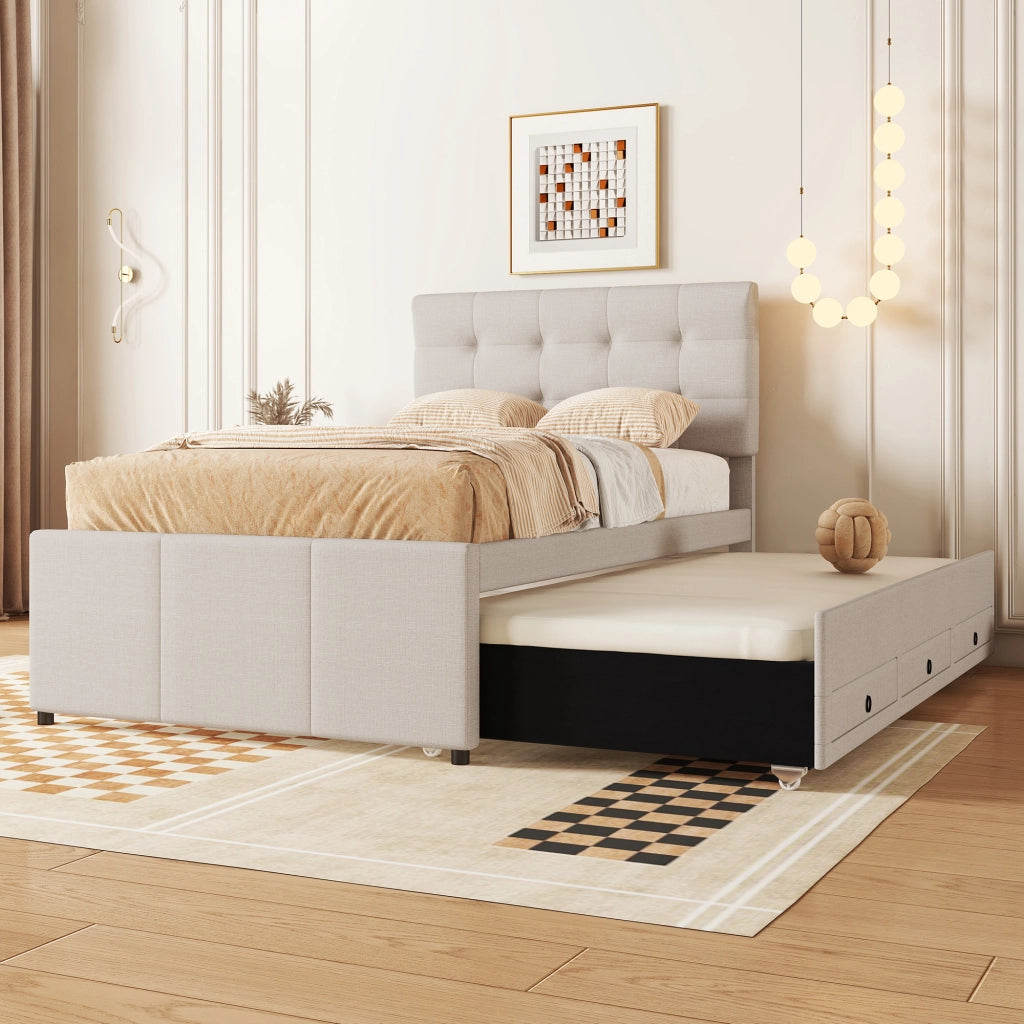 Letto Imbottito Estraibile con Testiera Regolabile e Cassetti ¨C MINIMAL ¨C Beige 90x200
