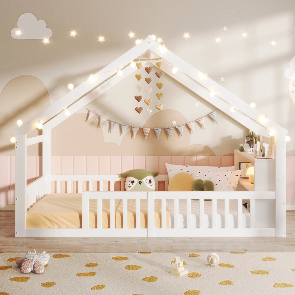 Letto a casetta 90x190 cm bianco in pino con sponde; ripiani e luci LED