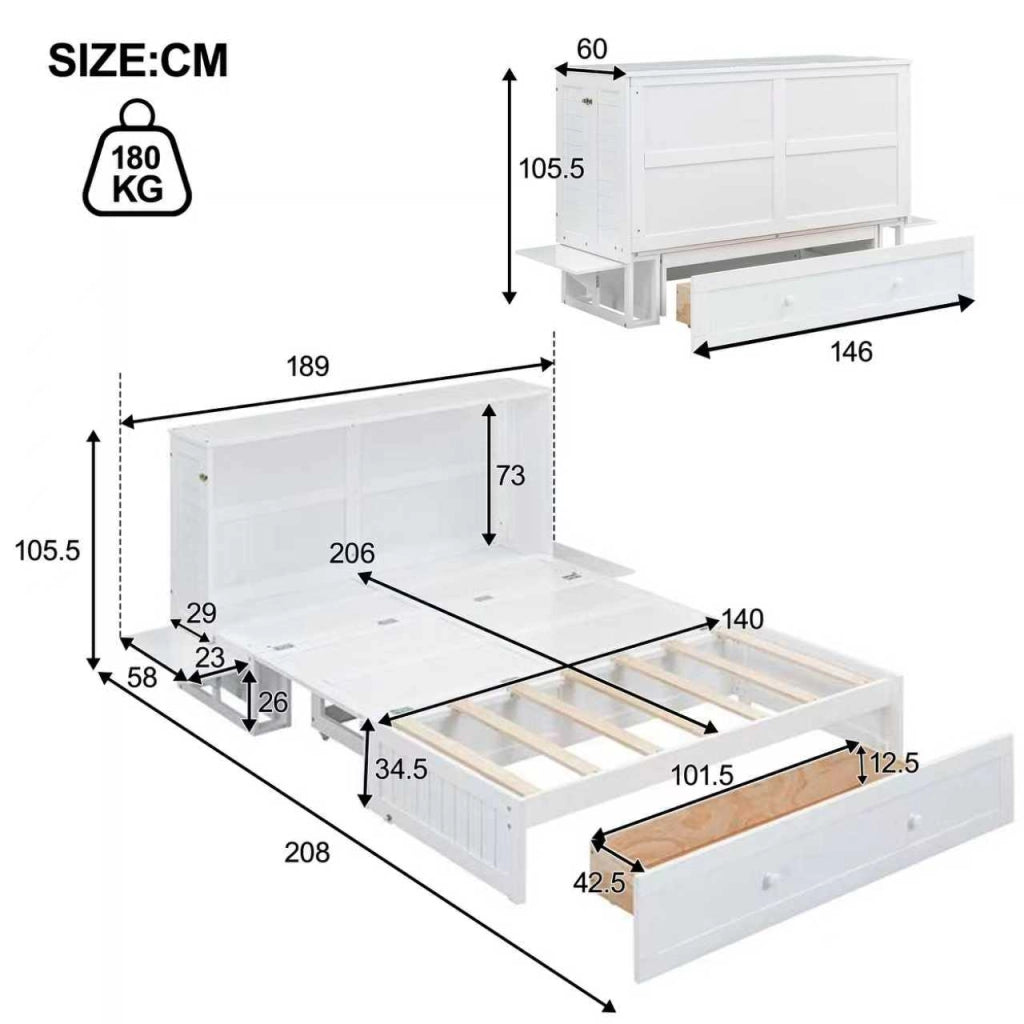 Letto pieghevole mobile 140x200 cm con cassetto e ripiani laterali, bianco