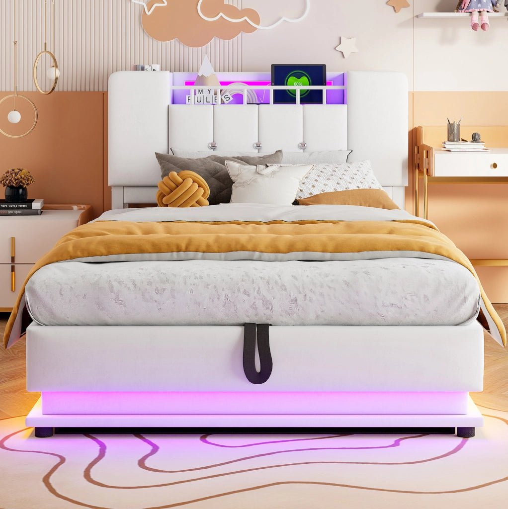 Letto imbottito per bambini 90x200 cm beige con LED, USB e vano contenitore