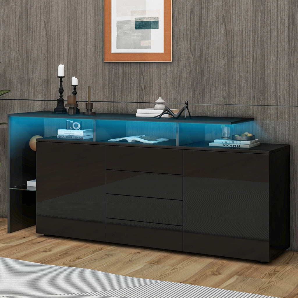 Sideboard 160x35x70 cm con LED e USB; 2 porte; 4 cassetti; nero