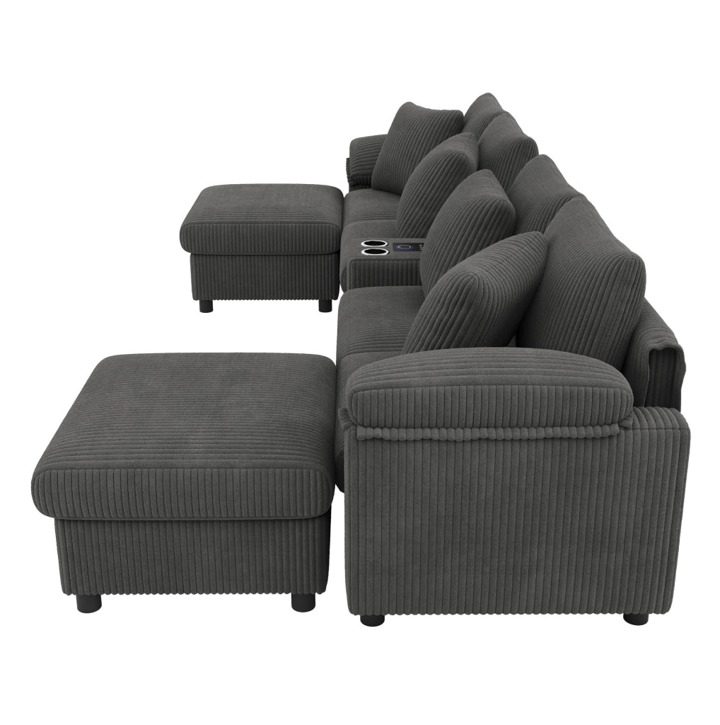 Divano modulare in velluto a coste con console Bluetooth; ricarica wireless USB/Type-C; grigio