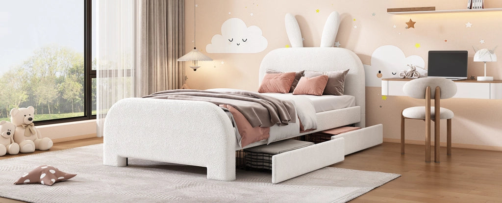 Letto per bambini imbottito 90x200 cm in MDF e lana, design con coniglio, 2 cassetti, bianco