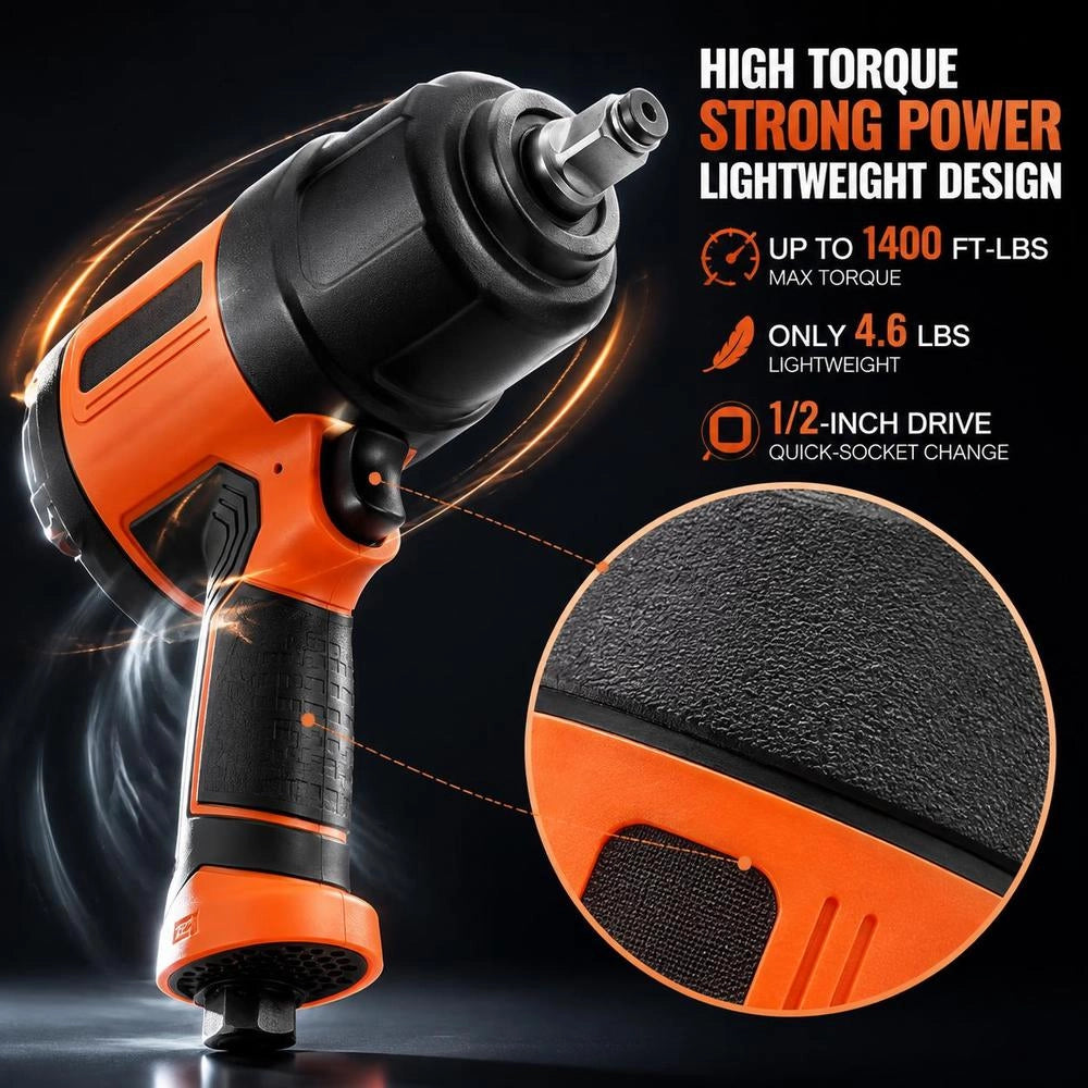 Pneumatic Impact Wrench, Max. Loosening Torque 1898 Nm, 1.27 Cm Square Drive, Max. Torque 1627 Nm, Low Vibration, Includes 10 Sockets, 8000 Rpm No-load Speed