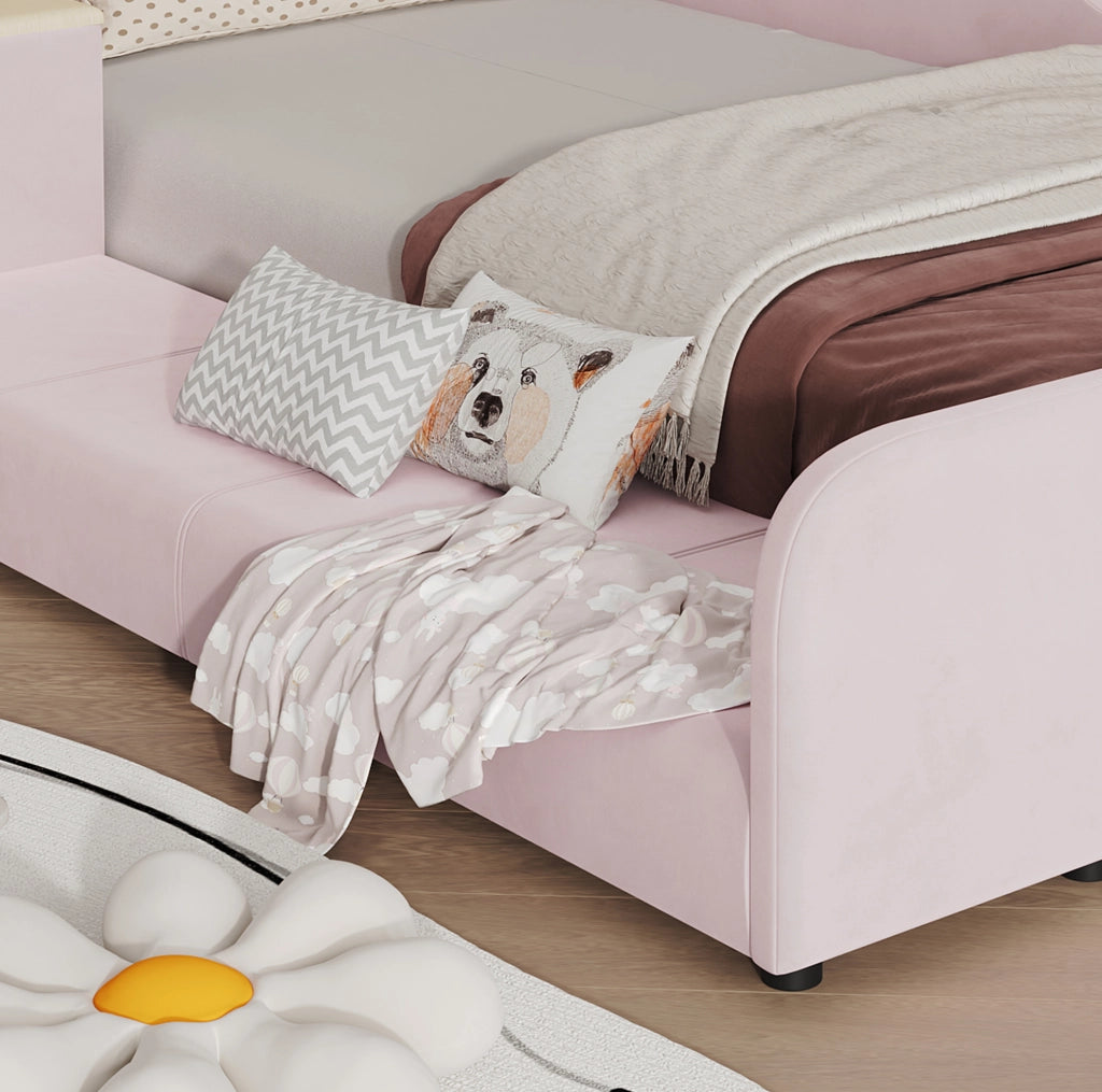 Letto singolo imbottito con scrivania e sgabello per bambini in velluto rosa 90x200 cm