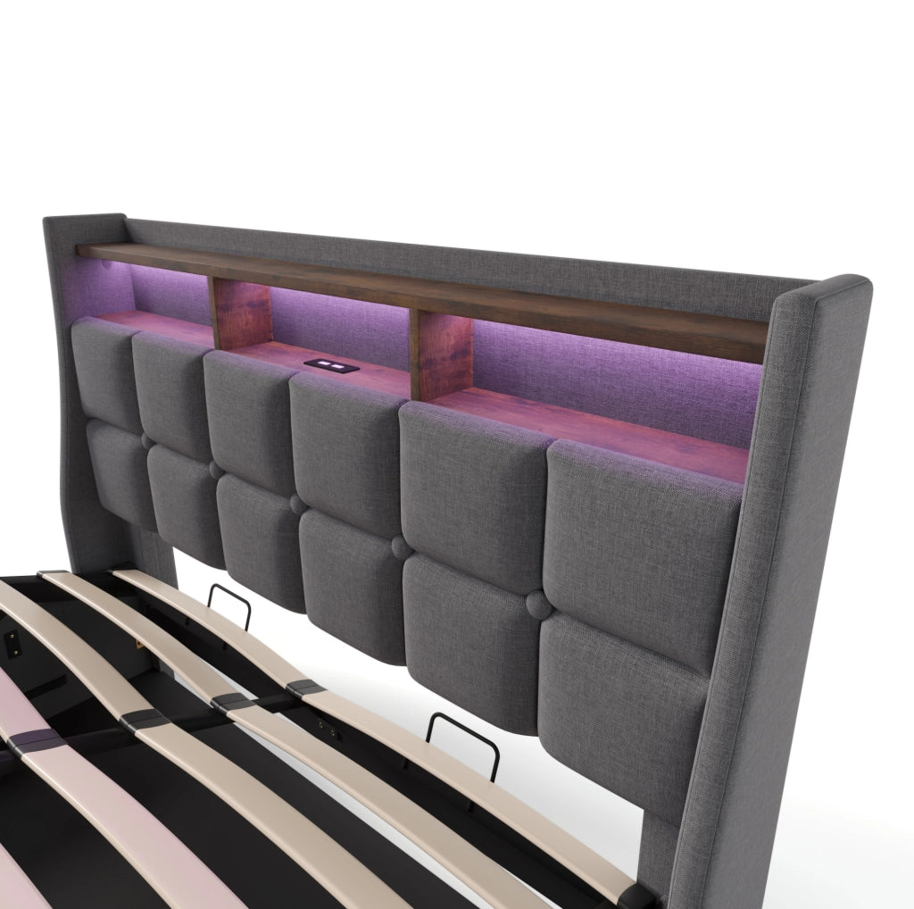 Letto imbottito 160x200 cm con LED, USB e contenitore, grigio