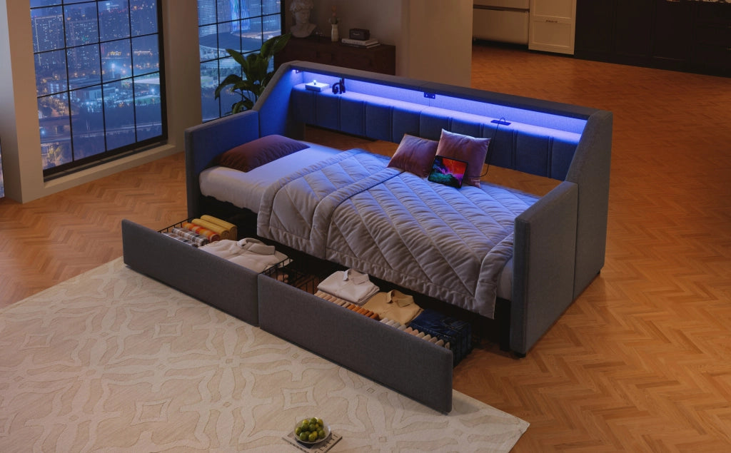 Divano letto 90x200 cm con USB, Type-C, LED e 2 cassetti grigio