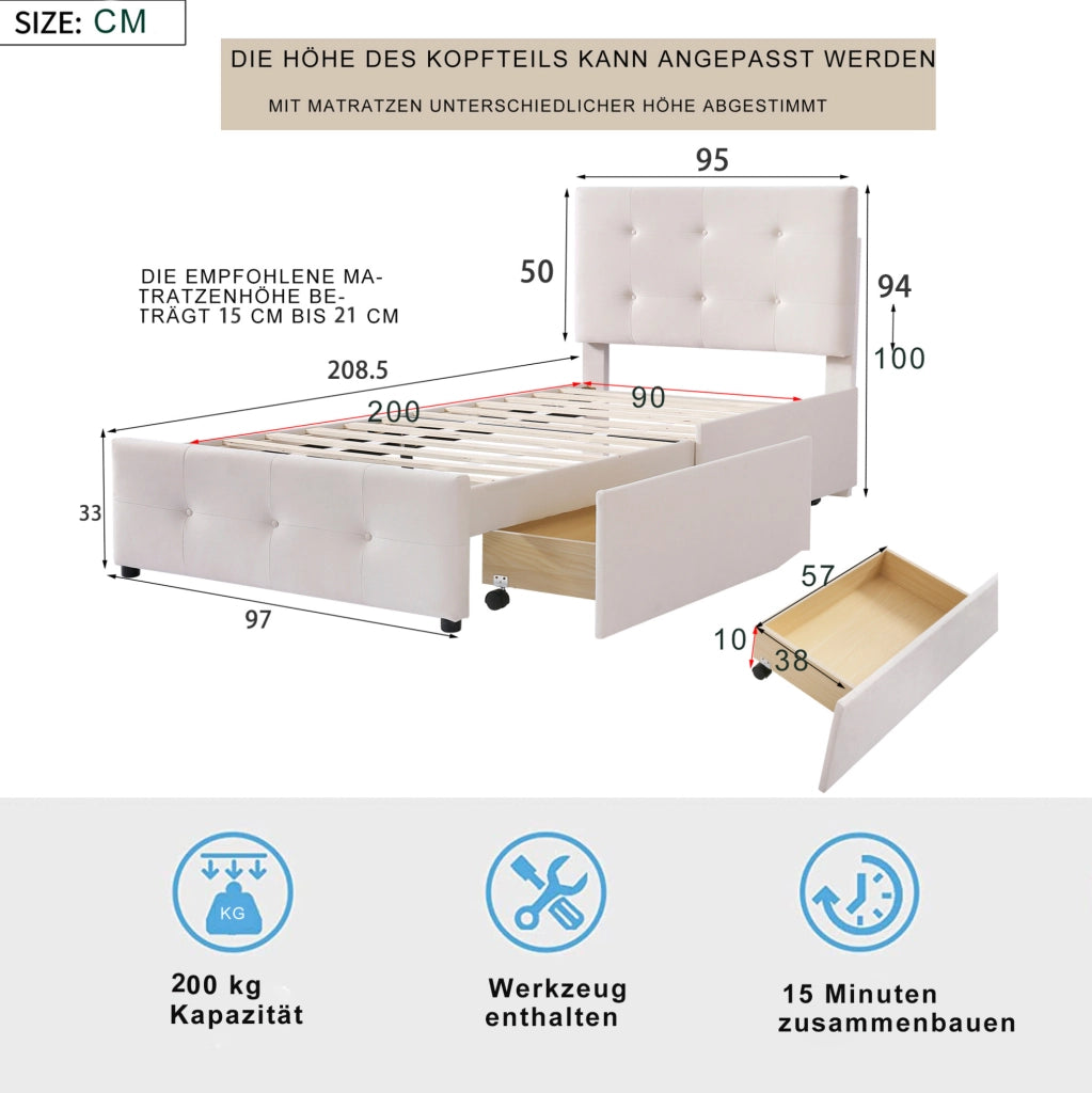 Letto imbottito 90x200 cm con rete a doghe e cassetto in velluto beige
