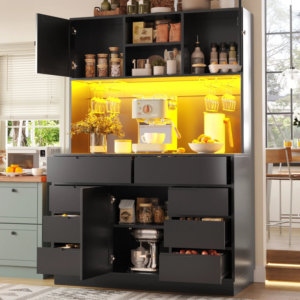 Colonna cucina con LED smart, 8 cassetti, MDF, nera