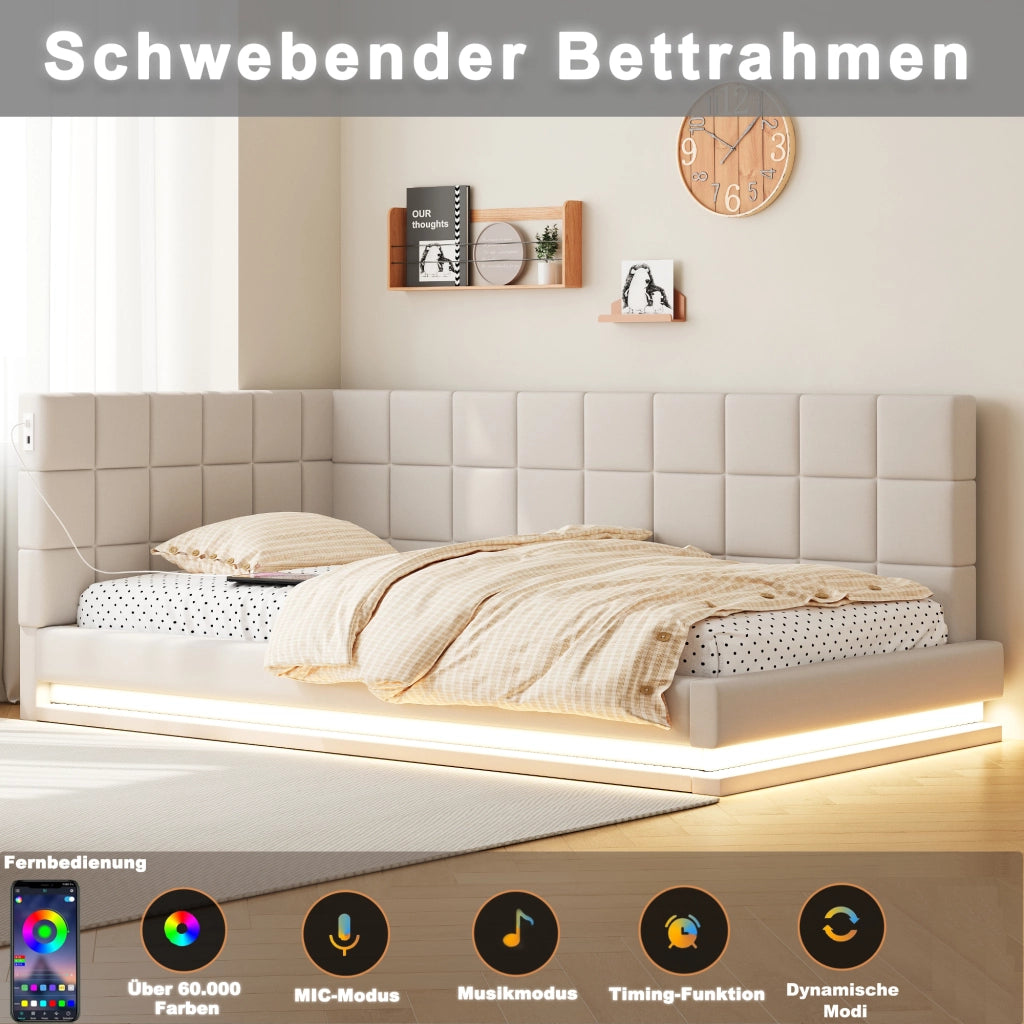 Letto singolo imbottito 90 × 200 cm con rete a doghe LED USB in lino beige