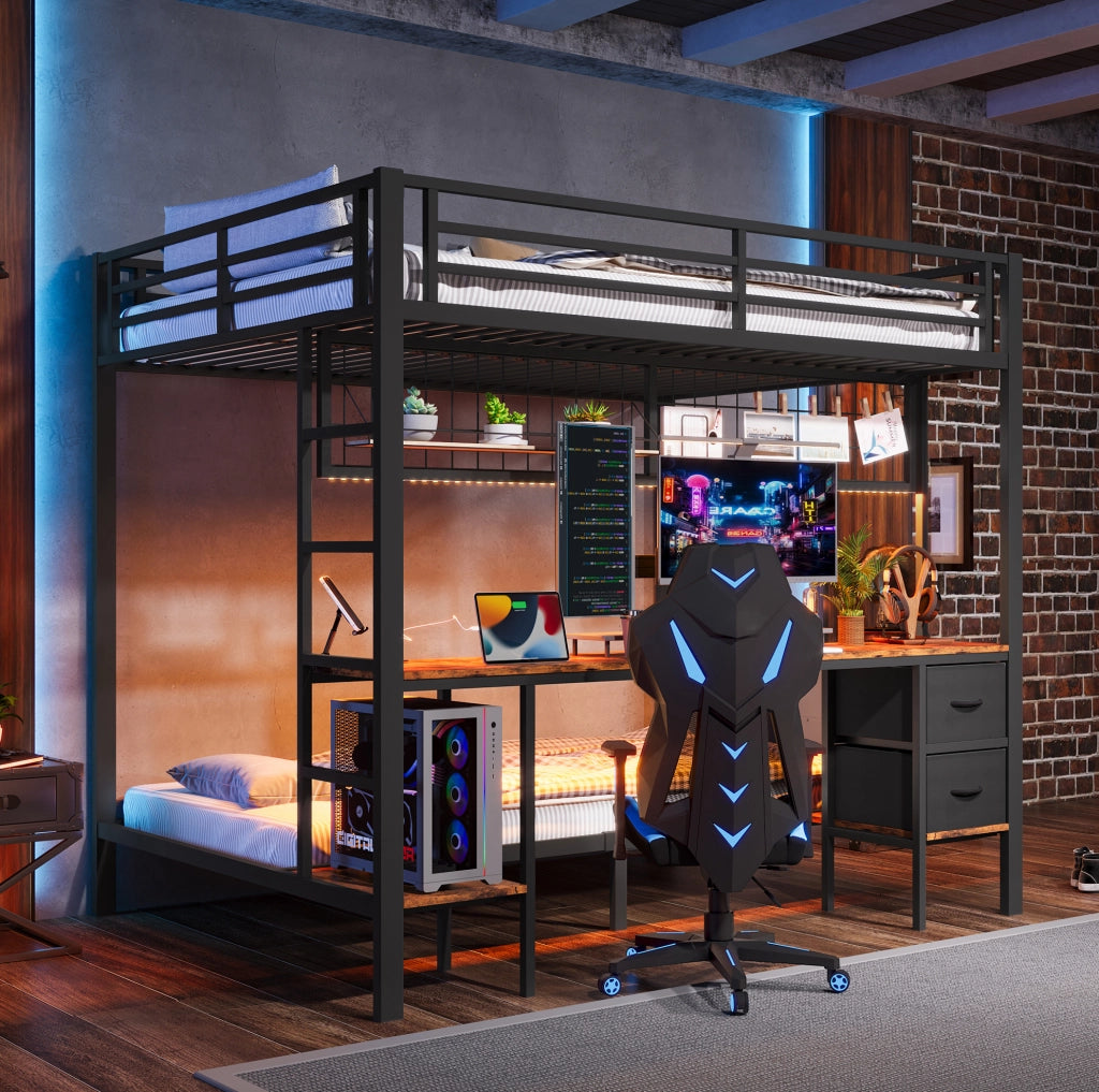 Letto a soppalco 140x200 cm con scrivania, LED e USB in metallo nero