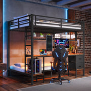 Letto a soppalco 140x200 cm con scrivania, LED e USB in metallo nero