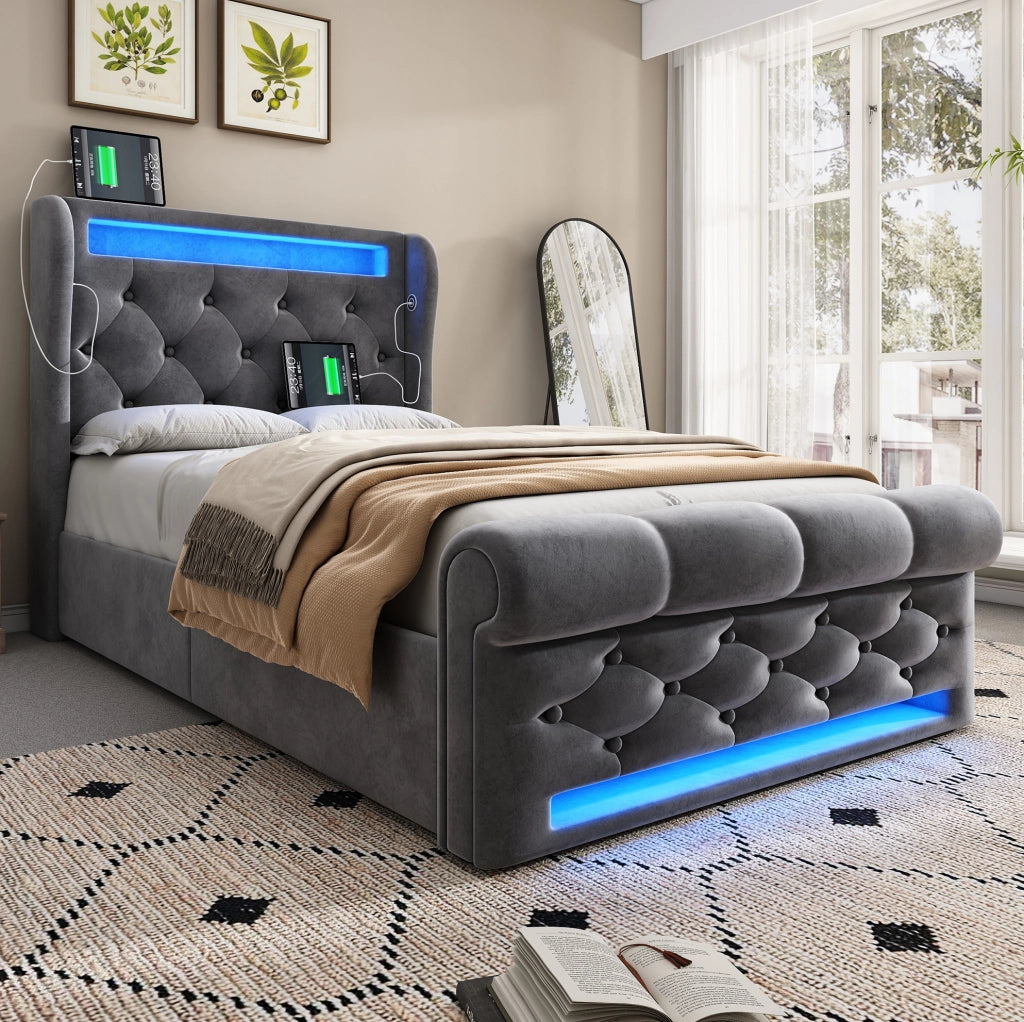 Letto singolo 90x200 cm in velluto con contenitore idraulico; LED; USB-C e materasso; grigio
