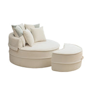 Poltrona rotonda beige con 5 cuscini e poggiapiedi per soggiorno e camera da letto