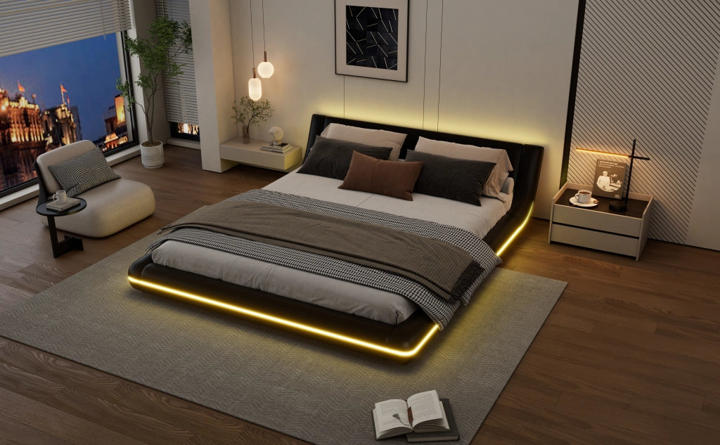 Letto 160 x 200 cm in PU nero, LED multicolore pilotata da app, per camera