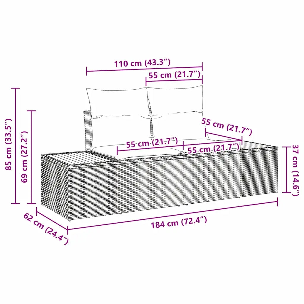 Divano da giardino Nero 184 x 62 x 85cm polyrattan 42006817
