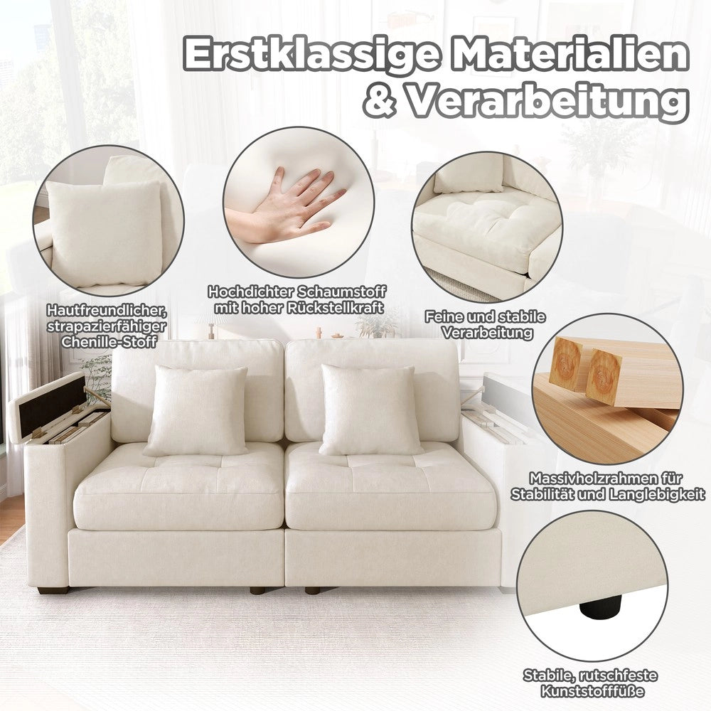 Divano 2 posti con contenitore ¨C Minimal ¨C Beige tessuto imbottito con cuscini