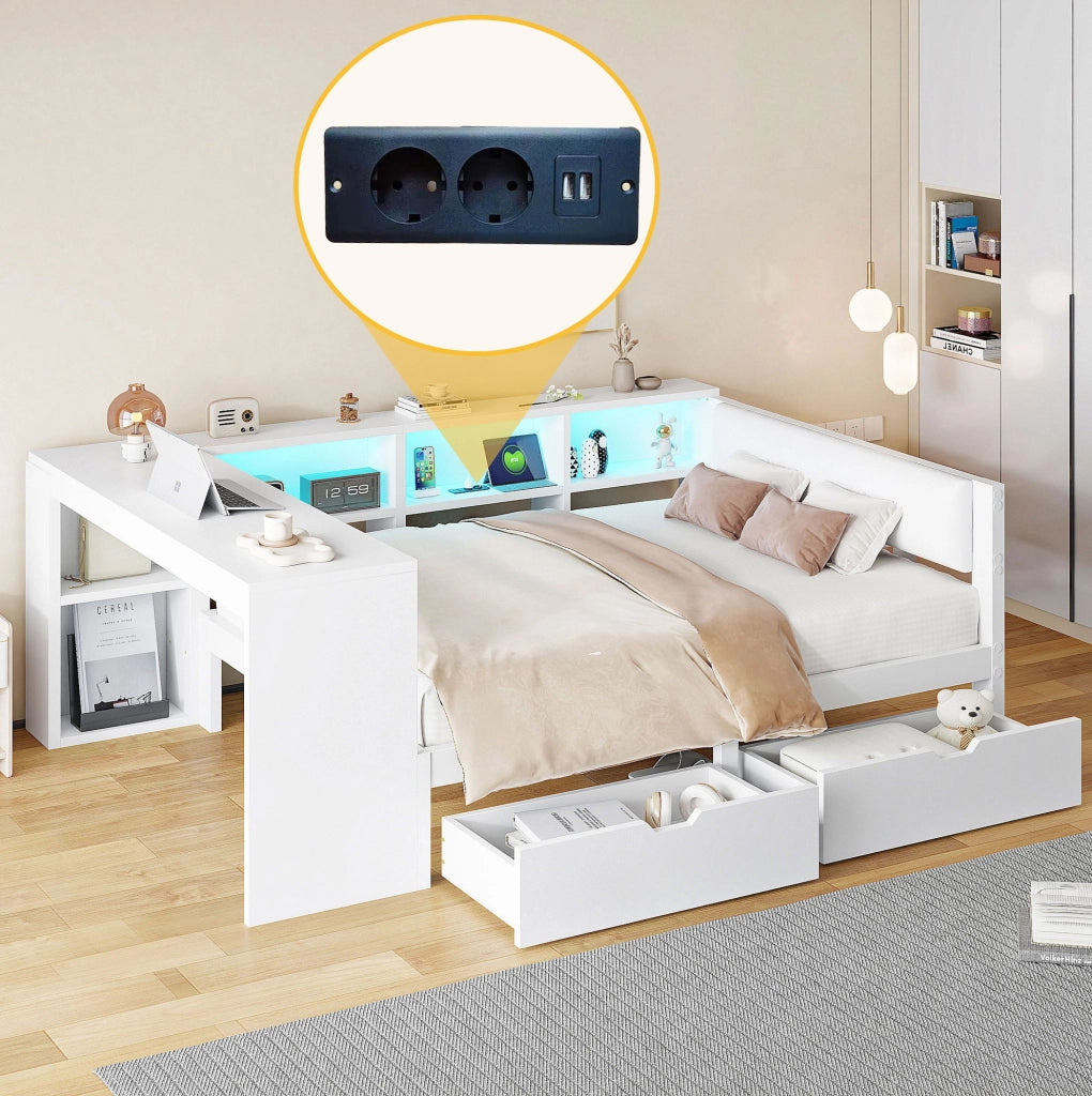 Letto piattaforma 140x200 cm con LED, USB e cassetti bianco