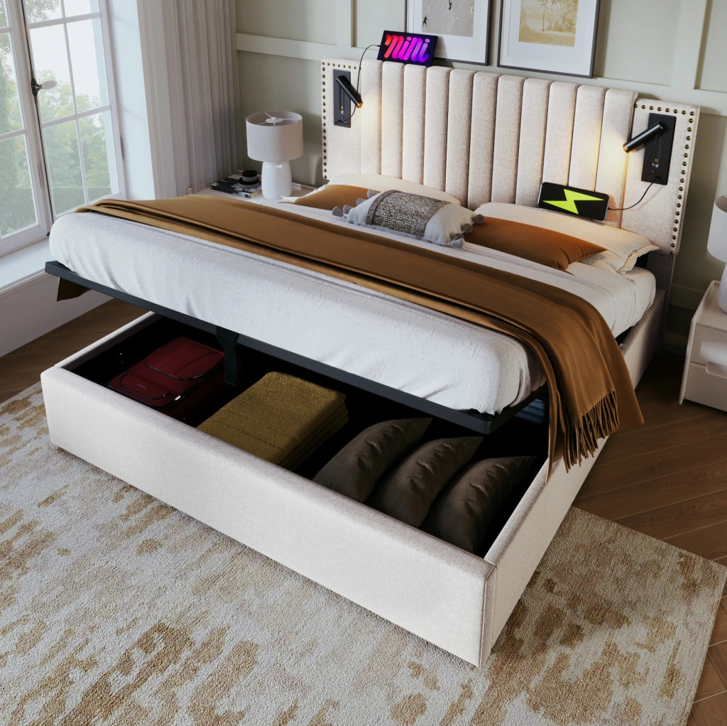 Letto contenitore 160 × 200 cm con luce da lettura; USB e USB-C; cotone beige