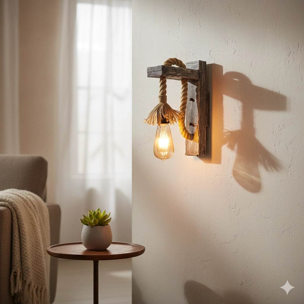 Applique da Parete in Legno e Corda di Canapa E27 – Stile Rustico Vintage Country per Interni – Lampada Decorativa da Muro per Soggiorno, Cucina, Bar e Ristoranti – 180x320 mm