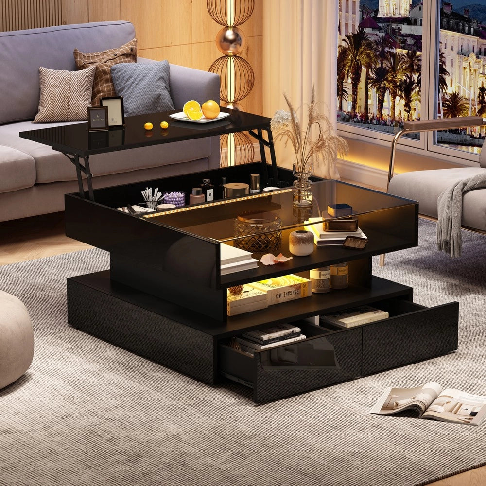 Tavolino da Caff¨¨ con LED e 2 Cassetti ¨C MINIMAL ¨C Vetro Temperato, Nero, 80x80x45