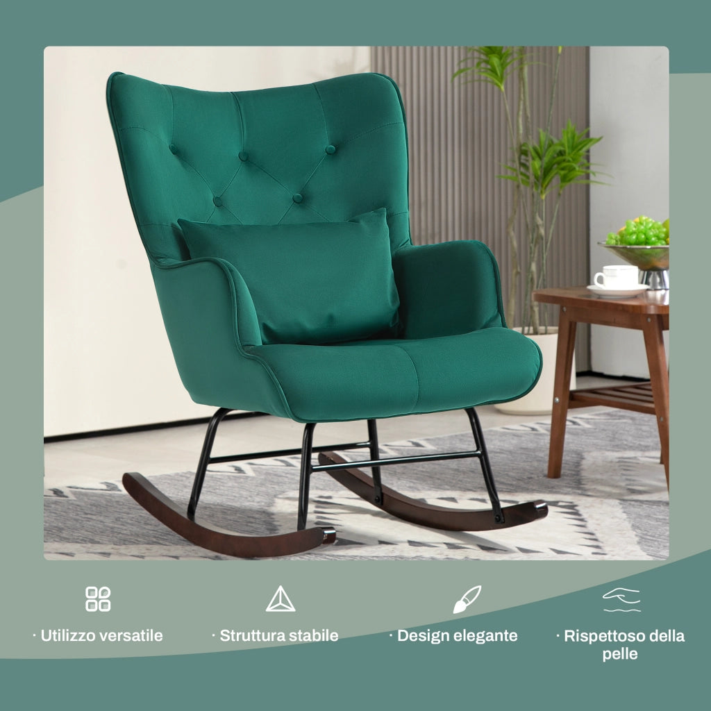 Poltrona a Dondolo in Velluto con Cuscino ¨C Minimal ¨C Verde