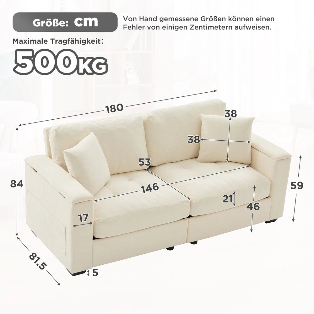 Divano 2 posti con contenitore ¨C Minimal ¨C Beige tessuto imbottito con cuscini