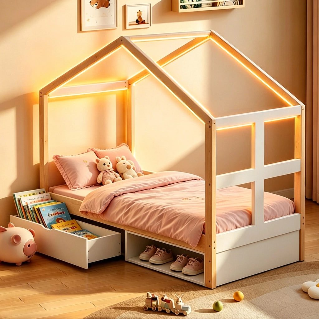 Letto a casetta 90x190 cm con cassetti, scarpiera e LED multicolore