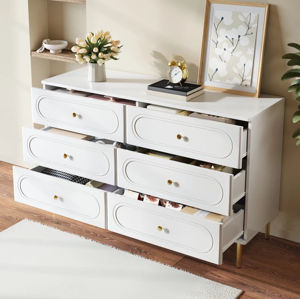 Sideboard moderno bianco con 6 cassetti, frontali con rientranze ovali e piedi in metallo 120x40x75 cm