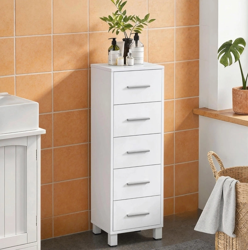 Mobile bagno stretto con 5 cassetti; bianco