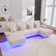 Divano a U con LED e porta USB; velluto beige 265 x 135 x 88 cm