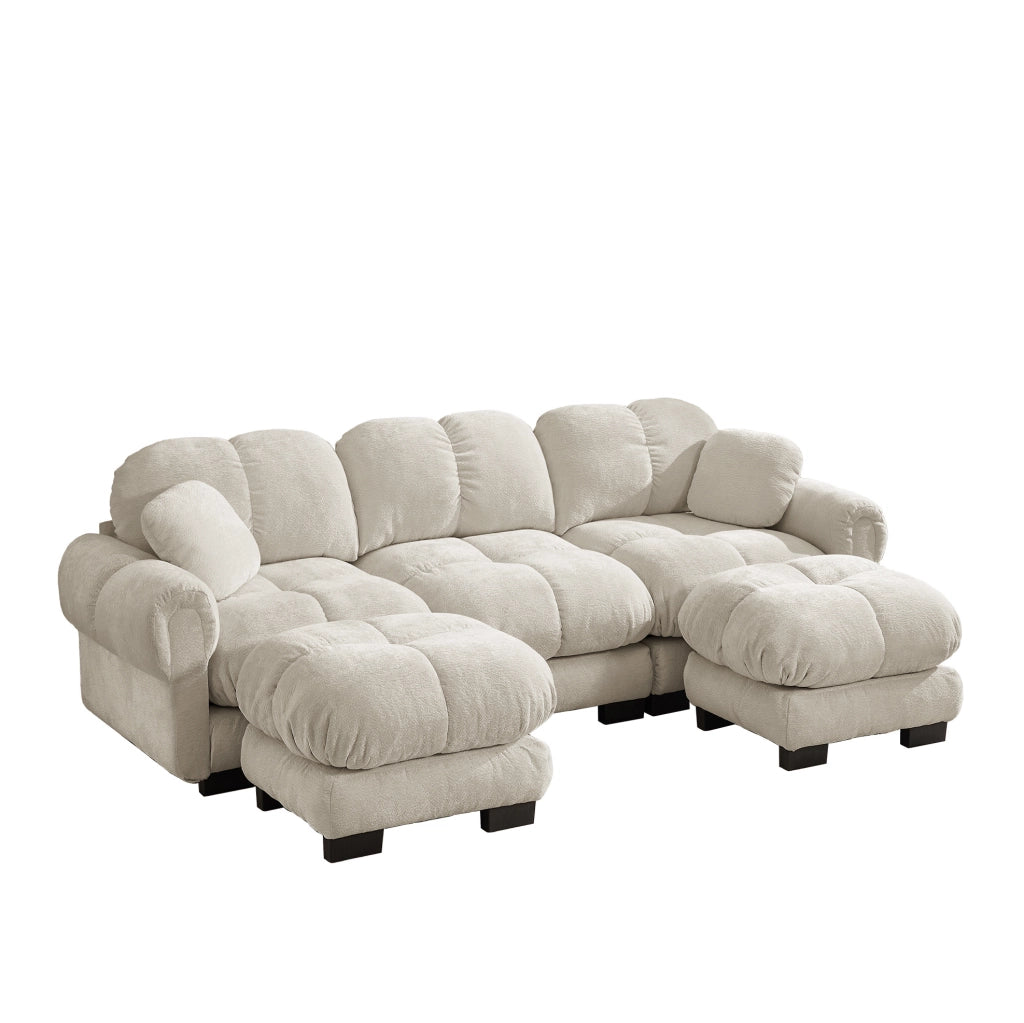 Divano a U 3 posti 260x149x90 cm in ciniglia kaki chiaro con pouf mobile